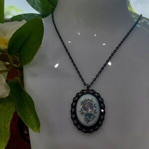 Vintage Porcelain Hand Painted Pendant Necklace